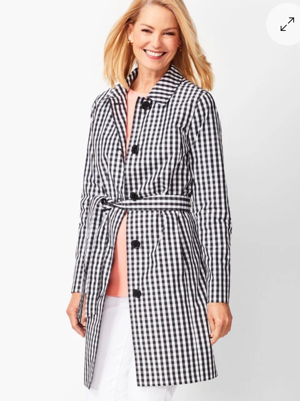 Talbots petites 14p Black and White gingham belted trench raincoat